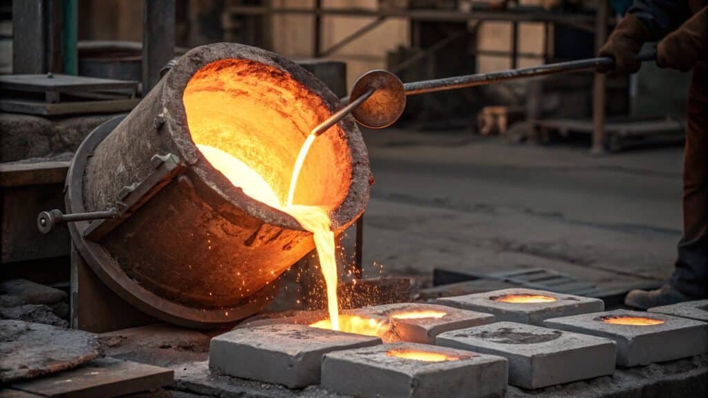 alt with keywords: molten aluminum being poured into a mold and starting to solidify